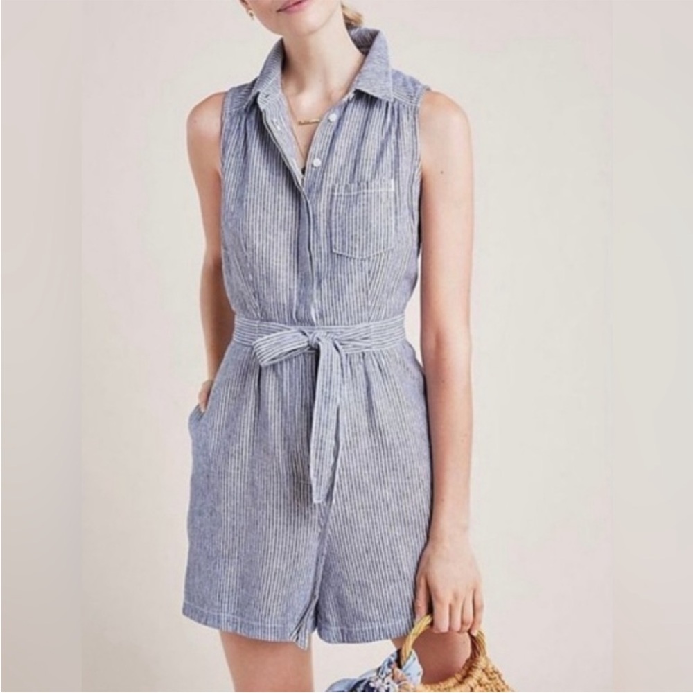Anthropologie Sleeveless Collared Romper (Blue and White Stripes)